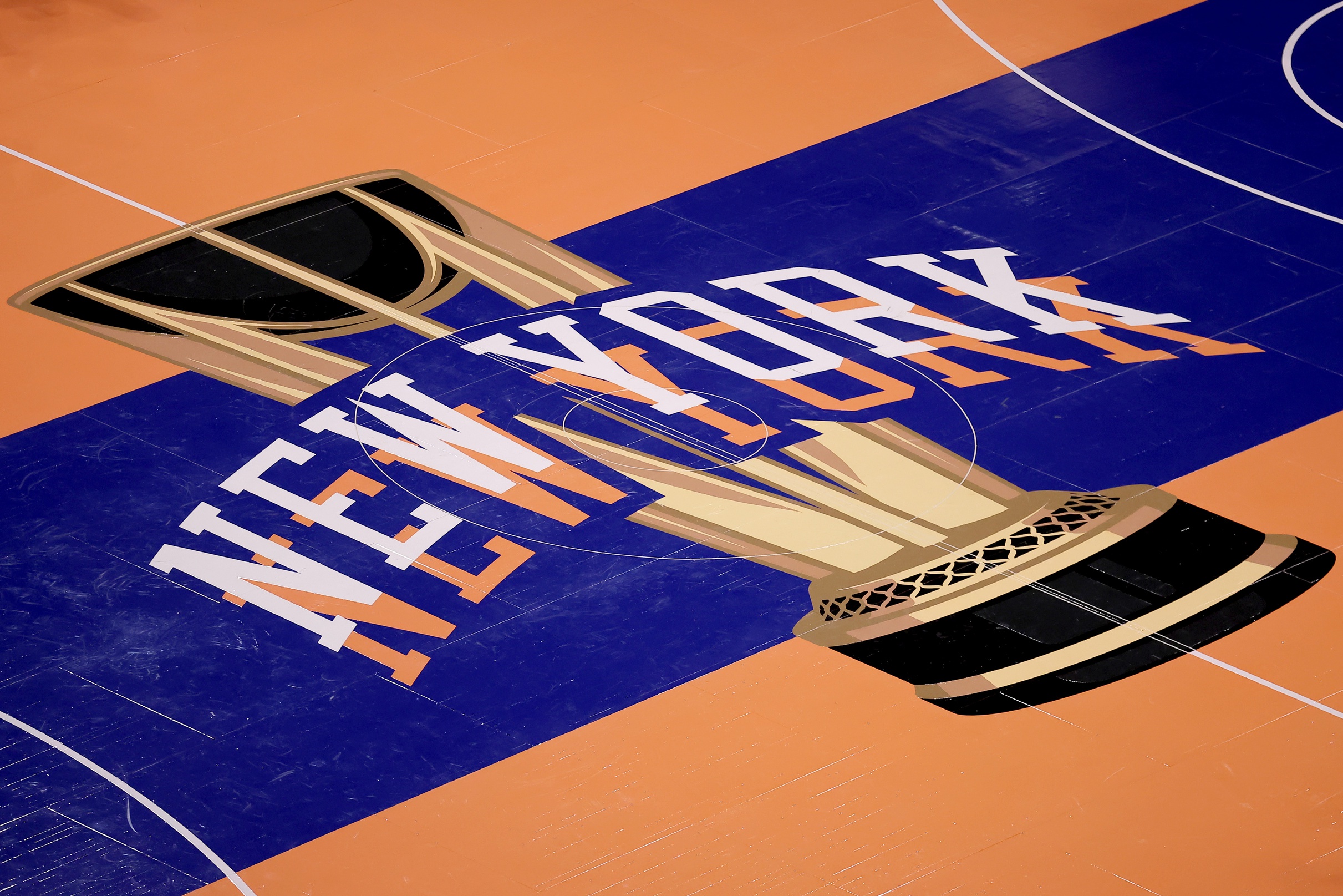 Nov 24, 2023; New York, New York, USA; General view of the in-season tournament court logo during warmups before a game between the New York Knicks and the Miami Heat at Madison Square Garden.