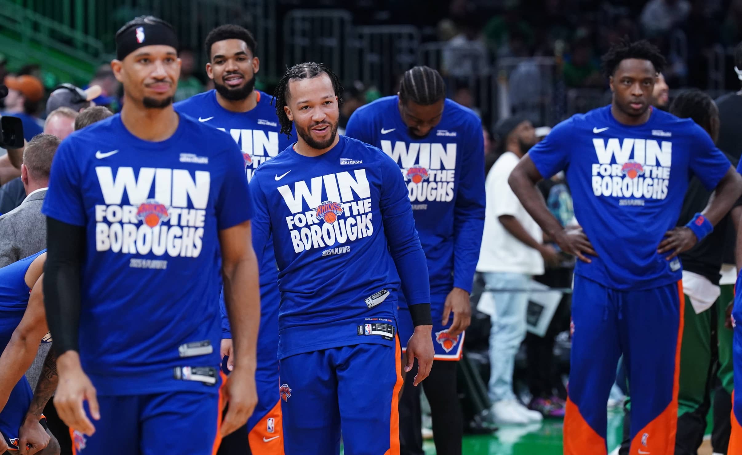 May 5, 2025; Boston, Massachusetts, USA; New York Knicks guard Jalen Brunson (11) and teammates warm up before the start of game one of the second round for the 2025 NBA Playoffs against the Boston Celtics at TD Garden. Mandatory Credit: David Butler II-Imagn Images