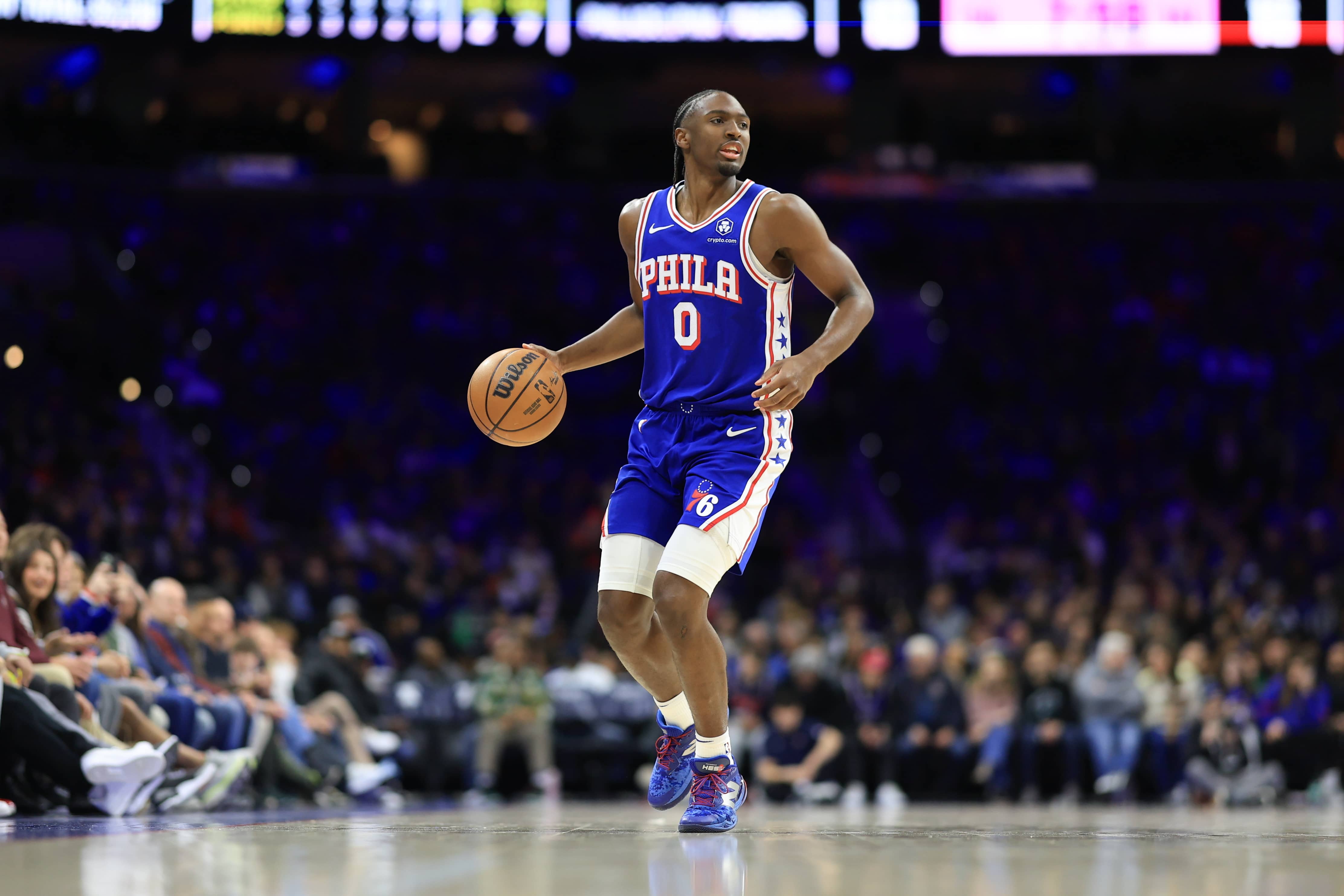 Philadelphia, Pennsylvania, USA; Philadelphia 76ers guard Tyrese Maxey (0) dribbles the ball during the first quarter against the Chicago Bulls at Wells Fargo Center. Mandatory Credit: Bill Streicher-Imagn Images