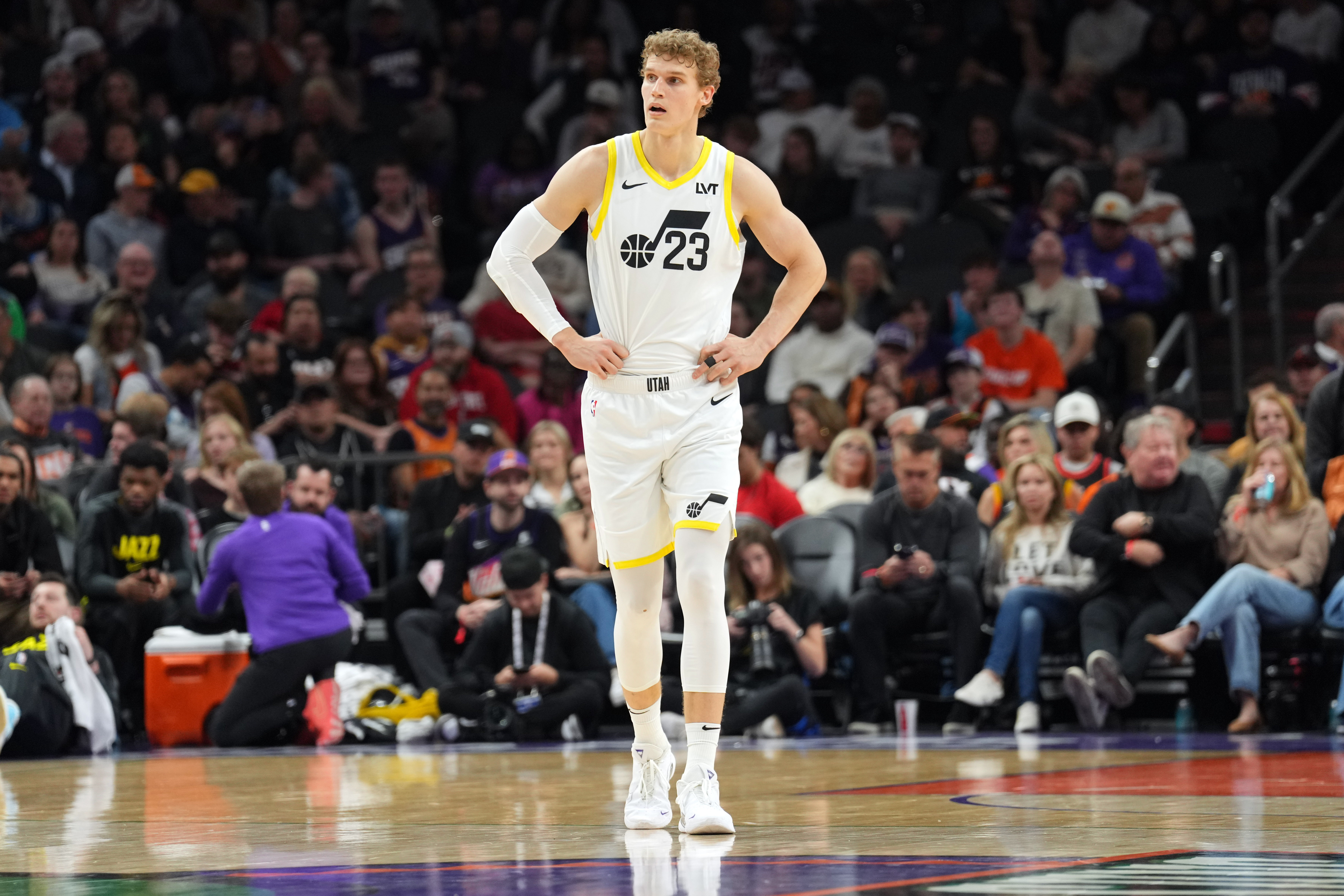 Jan 11, 2025; Phoenix, Arizona, USA; Utah Jazz forward Lauri Markkanen (23) looks on against the Phoenix Suns during the first half at Footprint Center. Mandatory Credit: Joe Camporeale-Imagn Images  