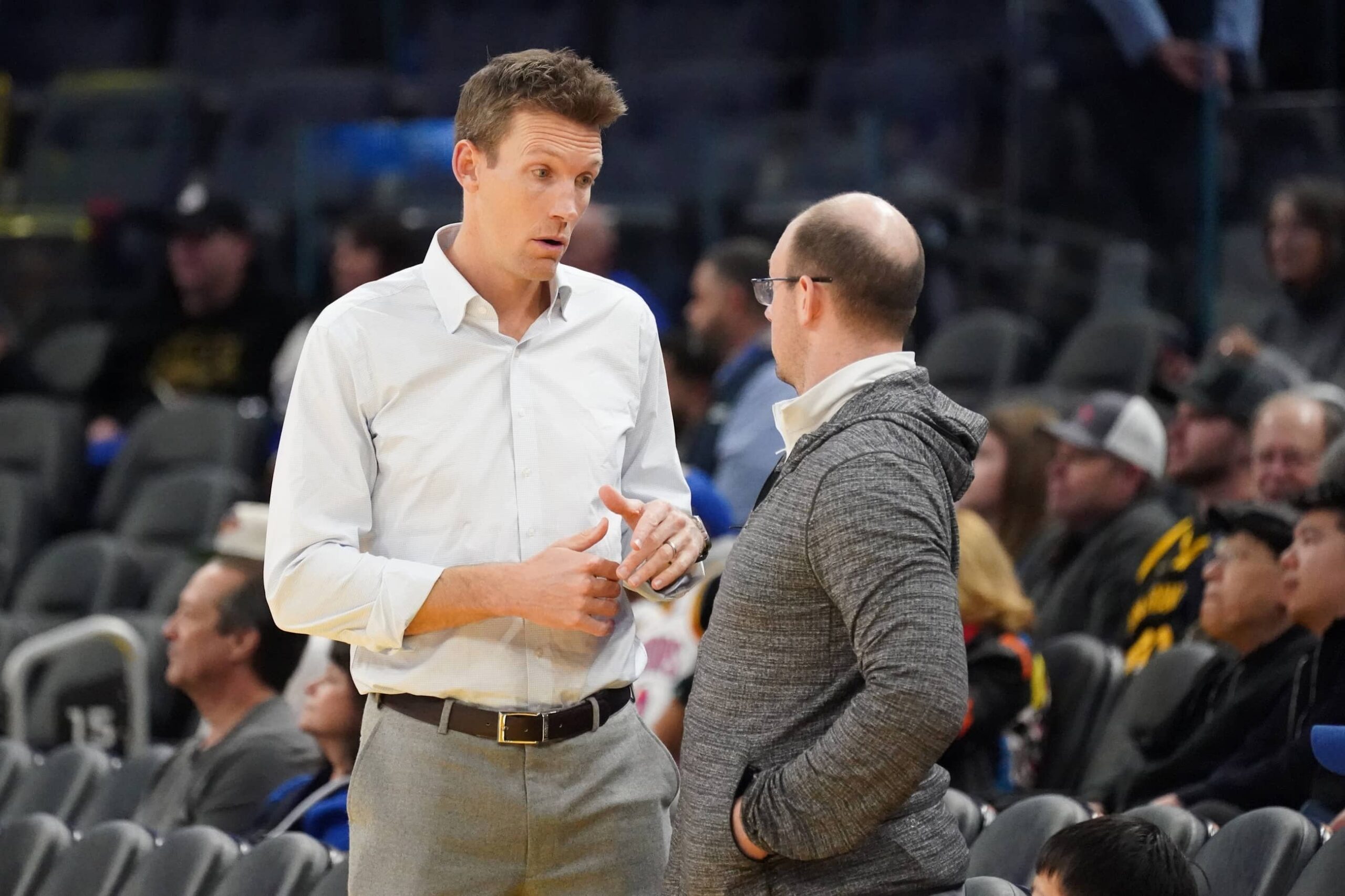 Jan 4, 2025; San Francisco, California, USA; Golden State Warriors general manager Mike Dunleavy chats before the game against the Memphis Grizzlies at Chase Center. Mandatory Credit: David Gonzales-Imagn Images