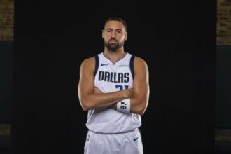 Mavericks guard Klay Thompson poses for a photo during the Mavericks 2025 media day at the American Airlines Center