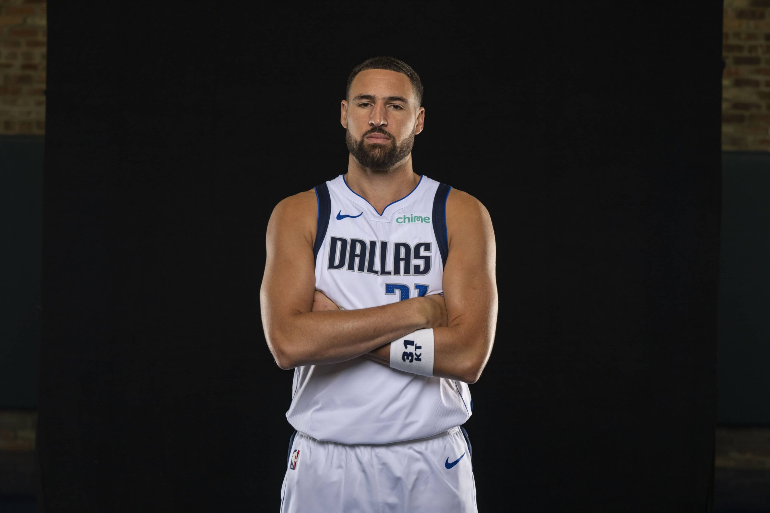 Mavericks guard Klay Thompson poses for a photo during the Mavericks 2025 media day at the American Airlines Center