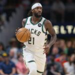 Bucks guard Patrick Beverley dribbles against the Hawks in the second quarter at State Farm Arena