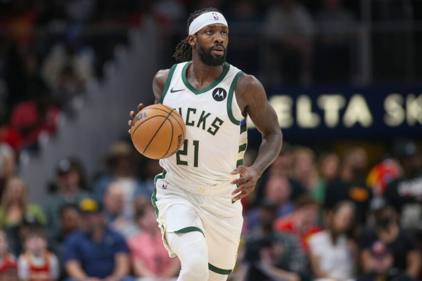 Bucks guard Patrick Beverley dribbles against the Hawks in the second quarter at State Farm Arena