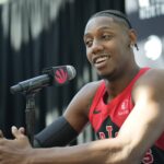 Raptors forward RJ Barrett speaks during the media day press conference at Hotel X