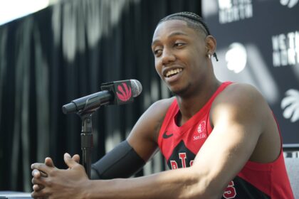 Raptors forward RJ Barrett speaks during the media day press conference at Hotel X