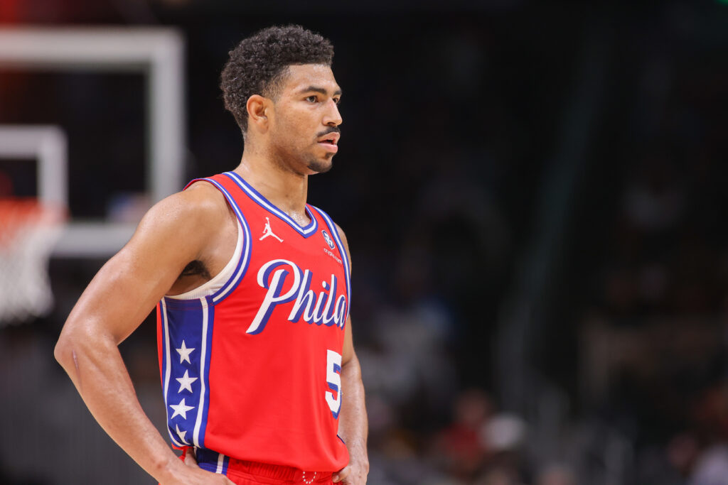 Mar 23, 2025; Atlanta, Georgia, USA; Philadelphia 76ers guard Quentin Grimes (5) in action against the Atlanta Hawks in the third quarter at State Farm Arena. Mandatory Credit: Brett Davis-Imagn Images