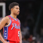 Mar 23, 2025; Atlanta, Georgia, USA; Philadelphia 76ers guard Quentin Grimes (5) in action against the Atlanta Hawks in the third quarter at State Farm Arena. Mandatory Credit: Brett Davis-Imagn Images