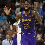 Mar 29, 2025; Memphis, Tennessee, USA; Los Angeles Lakers forward LeBron James (23) reacts during the third quarter against the Memphis Grizzlies at FedExForum. Mandatory Credit: Petre Thomas-Imagn Images