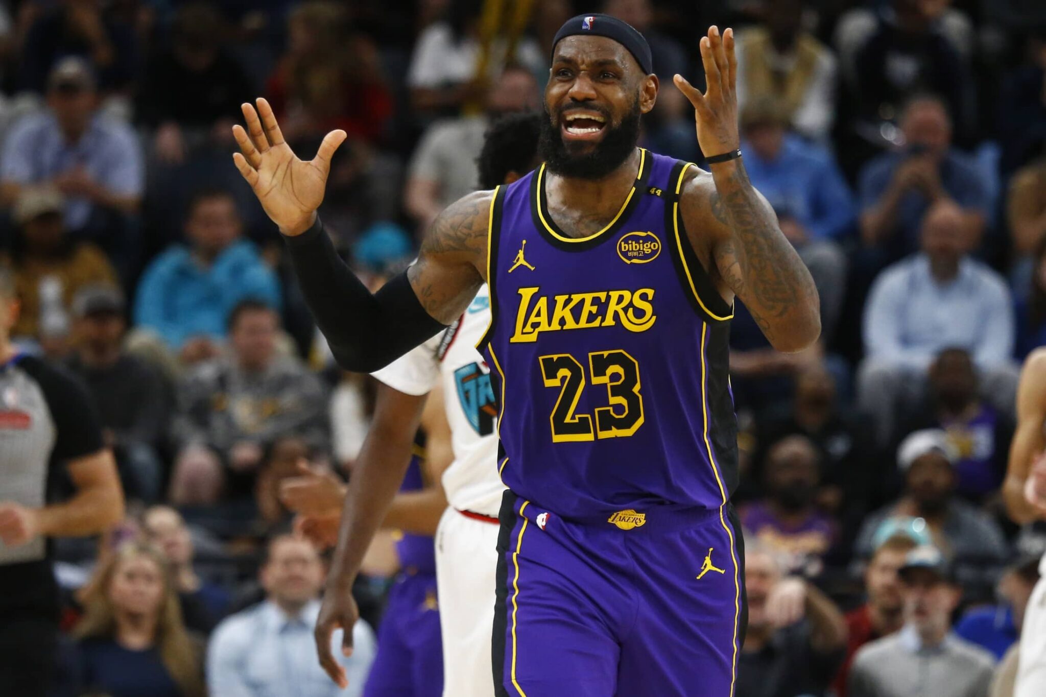 Mar 29, 2025; Memphis, Tennessee, USA; Los Angeles Lakers forward LeBron James (23) reacts during the third quarter against the Memphis Grizzlies at FedExForum. Mandatory Credit: Petre Thomas-Imagn Images