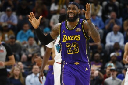 Mar 29, 2025; Memphis, Tennessee, USA; Los Angeles Lakers forward LeBron James (23) reacts during the third quarter against the Memphis Grizzlies at FedExForum. Mandatory Credit: Petre Thomas-Imagn Images
