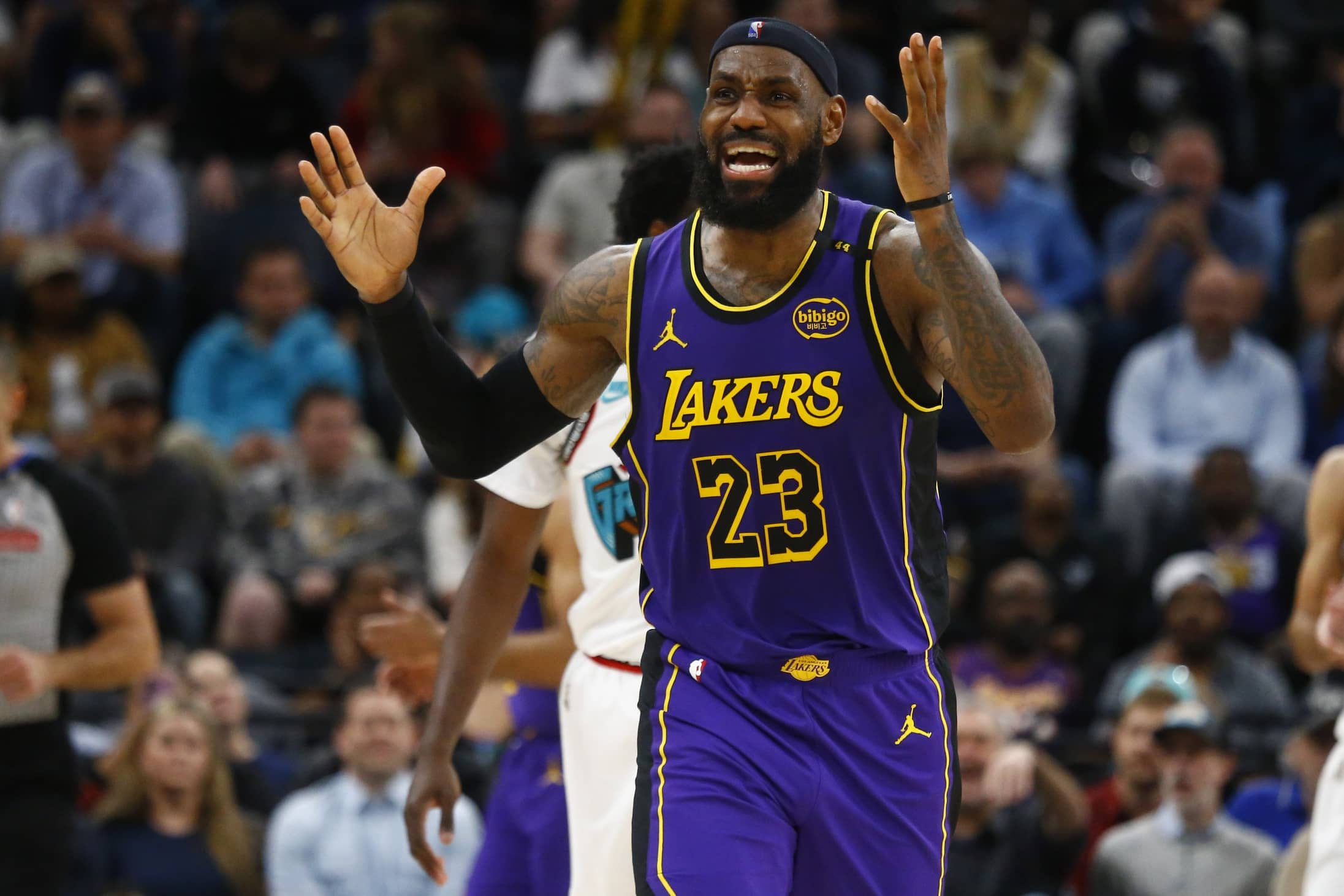 Mar 29, 2025; Memphis, Tennessee, USA; Los Angeles Lakers forward LeBron James (23) reacts during the third quarter against the Memphis Grizzlies at FedExForum. Mandatory Credit: Petre Thomas-Imagn Images