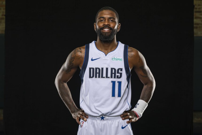 Mavericks guard Kyrie Irving poses for a photo during the Mavericks 2025 media day at the American Airlines Center