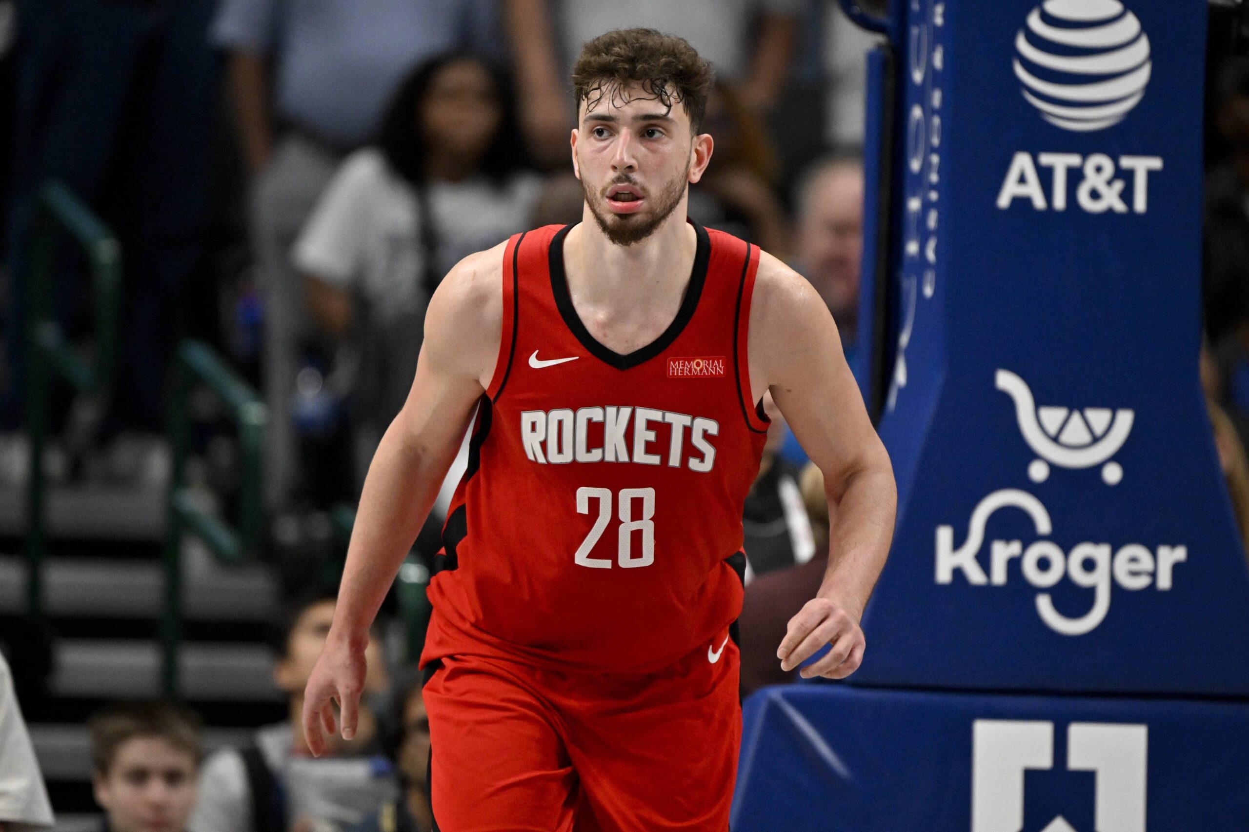 Houston Rockets center Alperen Sengun (28) in action during the game between the Dallas Mavericks and the Houston Rockets at the American Airlines Center.