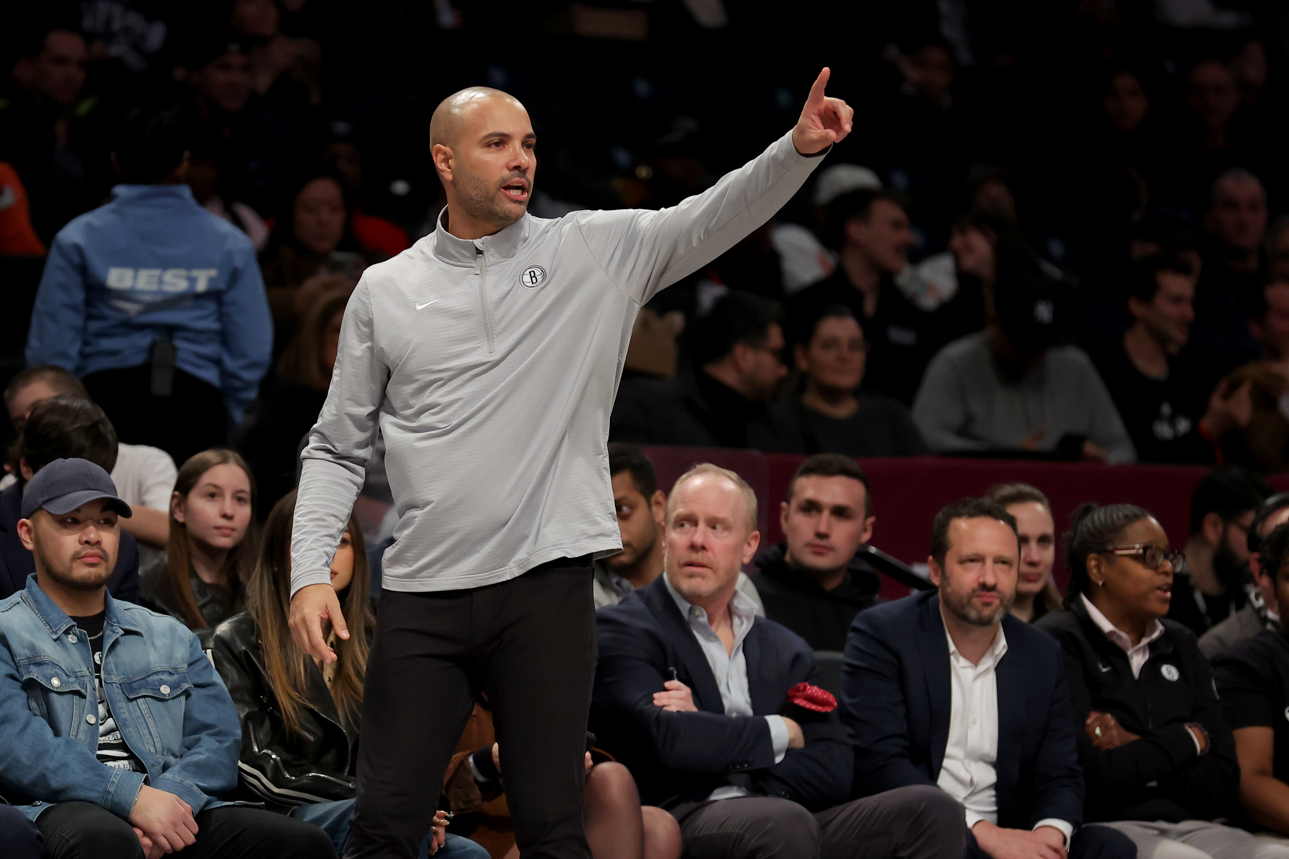 Apr 10, 2025; Brooklyn, New York, USA; Brooklyn Nets head coach Jordi Fernandez coaches against the Atlanta Hawks during the second quarter at Barclays Center. Mandatory Credit: Brad Penner-Imagn Images  