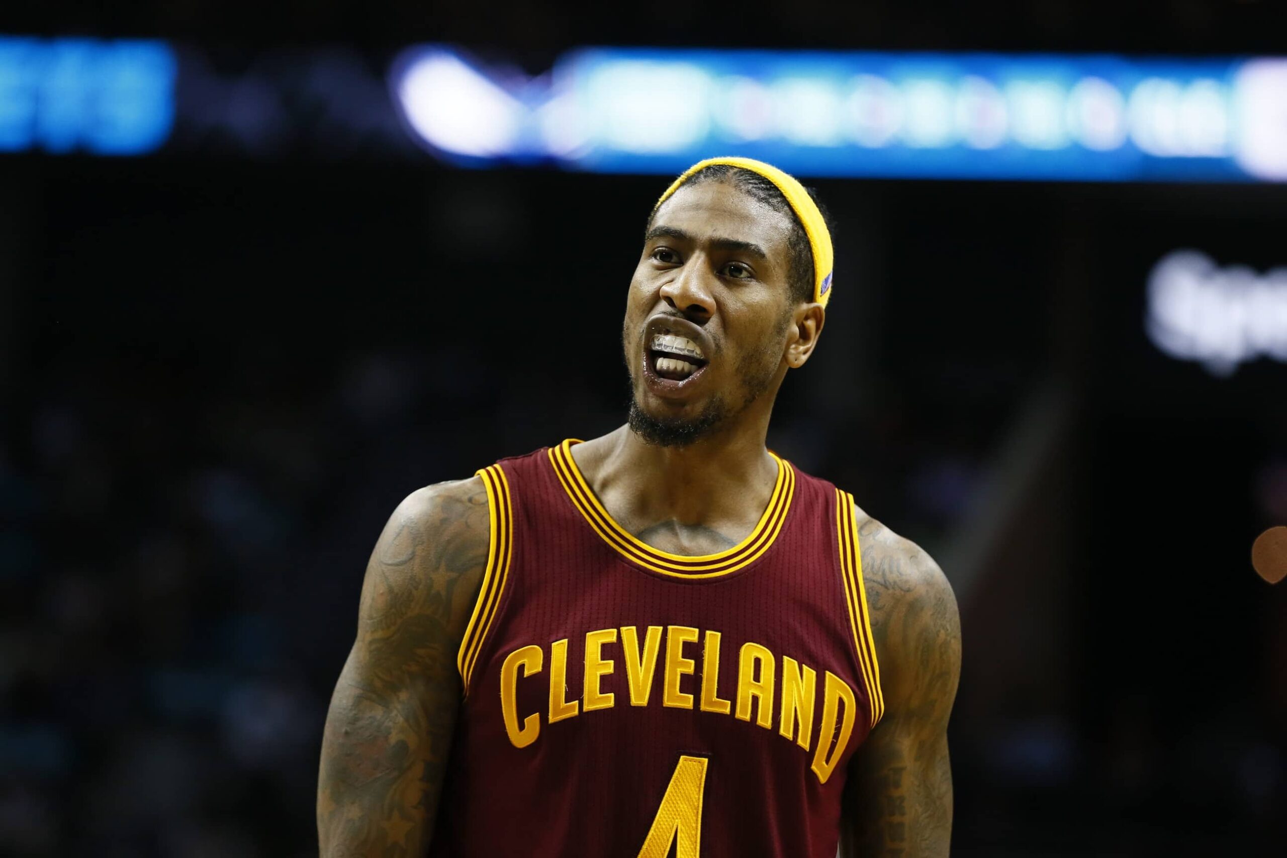 Cleveland Cavaliers guard Iman Shumpert (4) reacts to a foul call in the second half against the Charlotte Hornets at Spectrum Center. The Cavs defeated the Hornets 112-105.