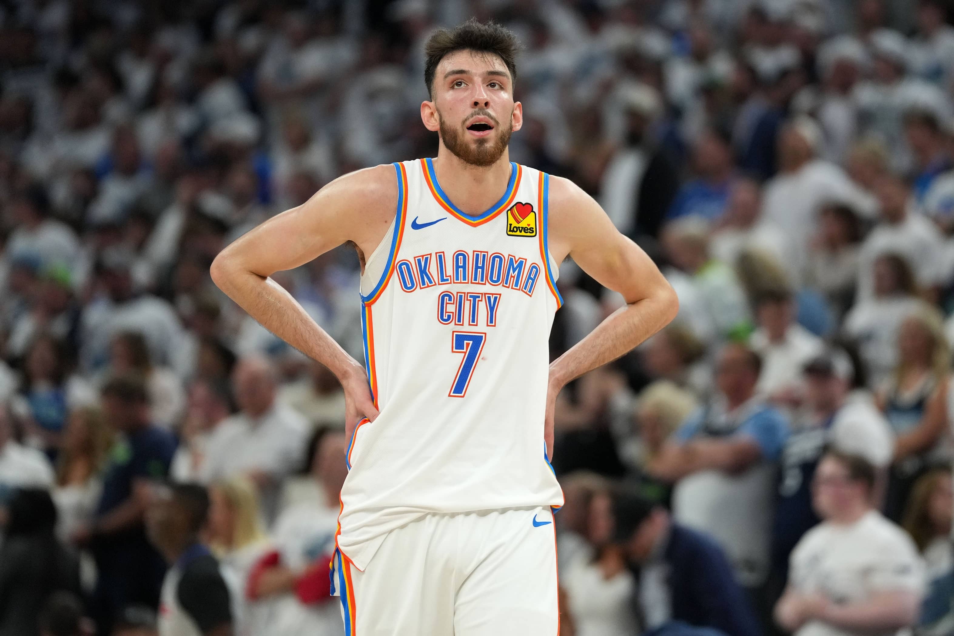 Oklahoma City Thunder forward Chet Holmgren (7) reacts against the Minnesota Timberwolves in the second half during game four of the Western Conference Finals for the 2025 NBA Playoffs at Target Center.