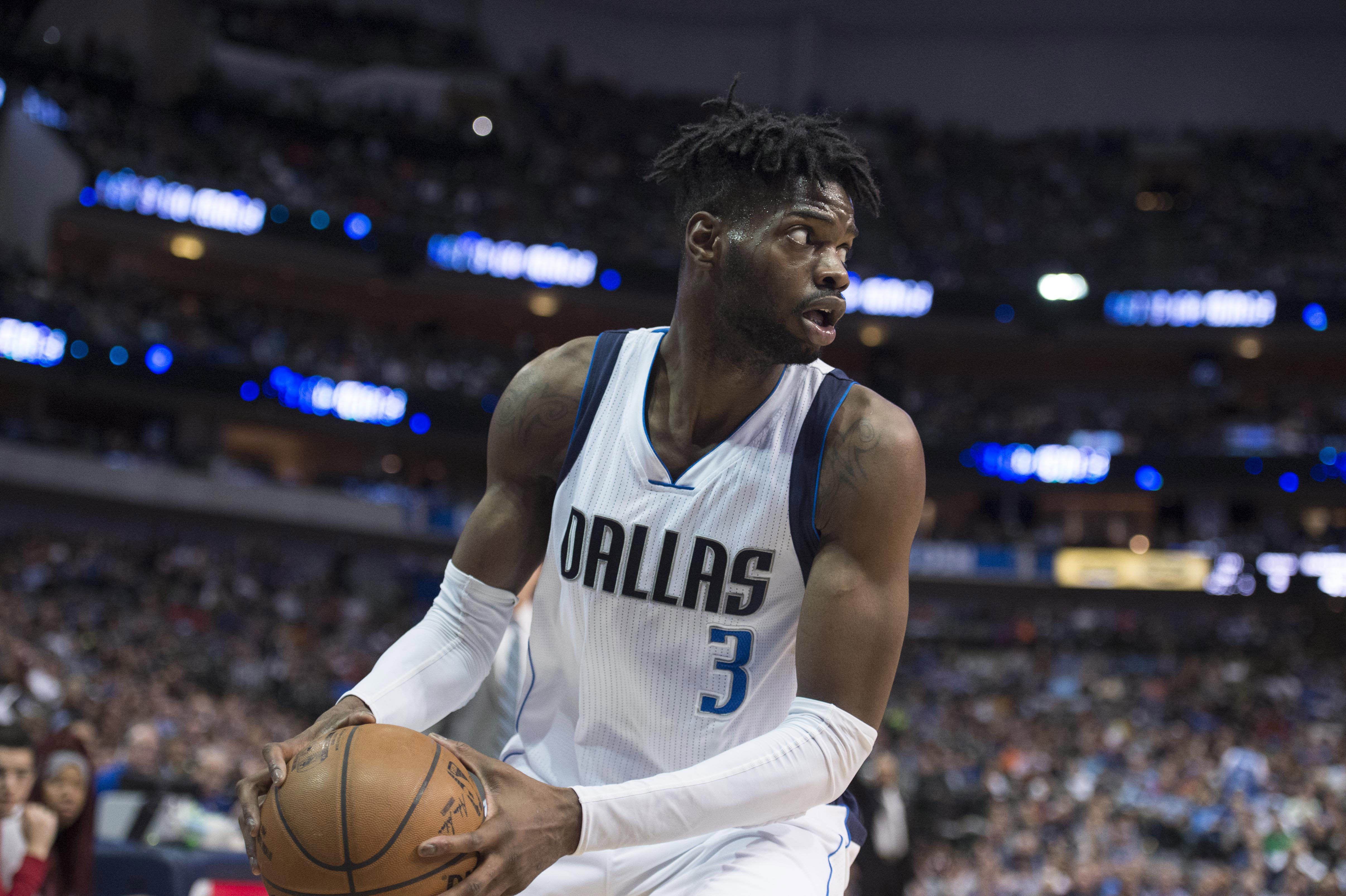 Mar 3, 2017; Dallas, TX, USA; Dallas Mavericks forward Nerlens Noel (3) keeps the ball in bounds against the Memphis Grizzlies during the second quarter at the American Airlines Center. Mandatory Credit: Jerome Miron-Imagn Images  
