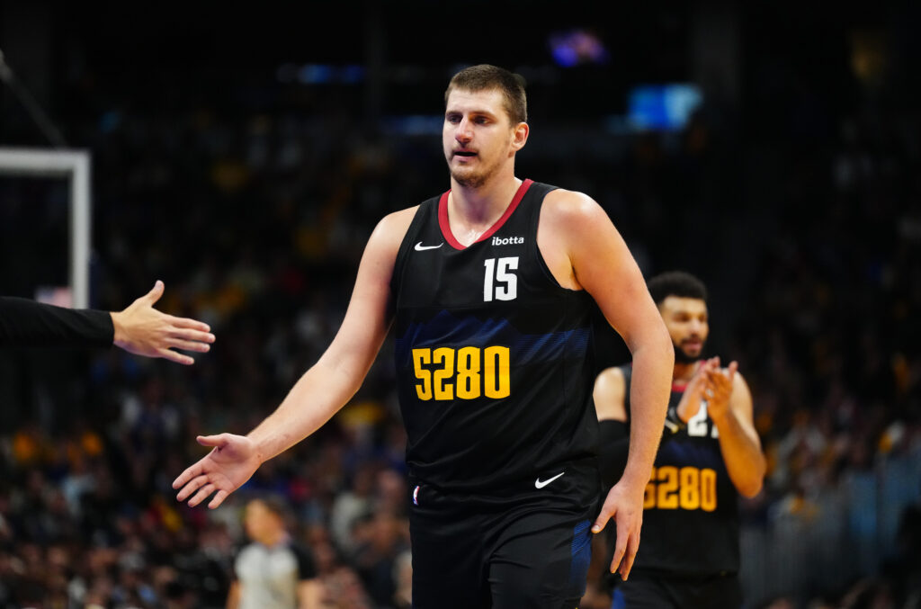 Denver Nuggets center Nikola Jokic (15) leaves the court in the second half against the Dallas Mavericks.