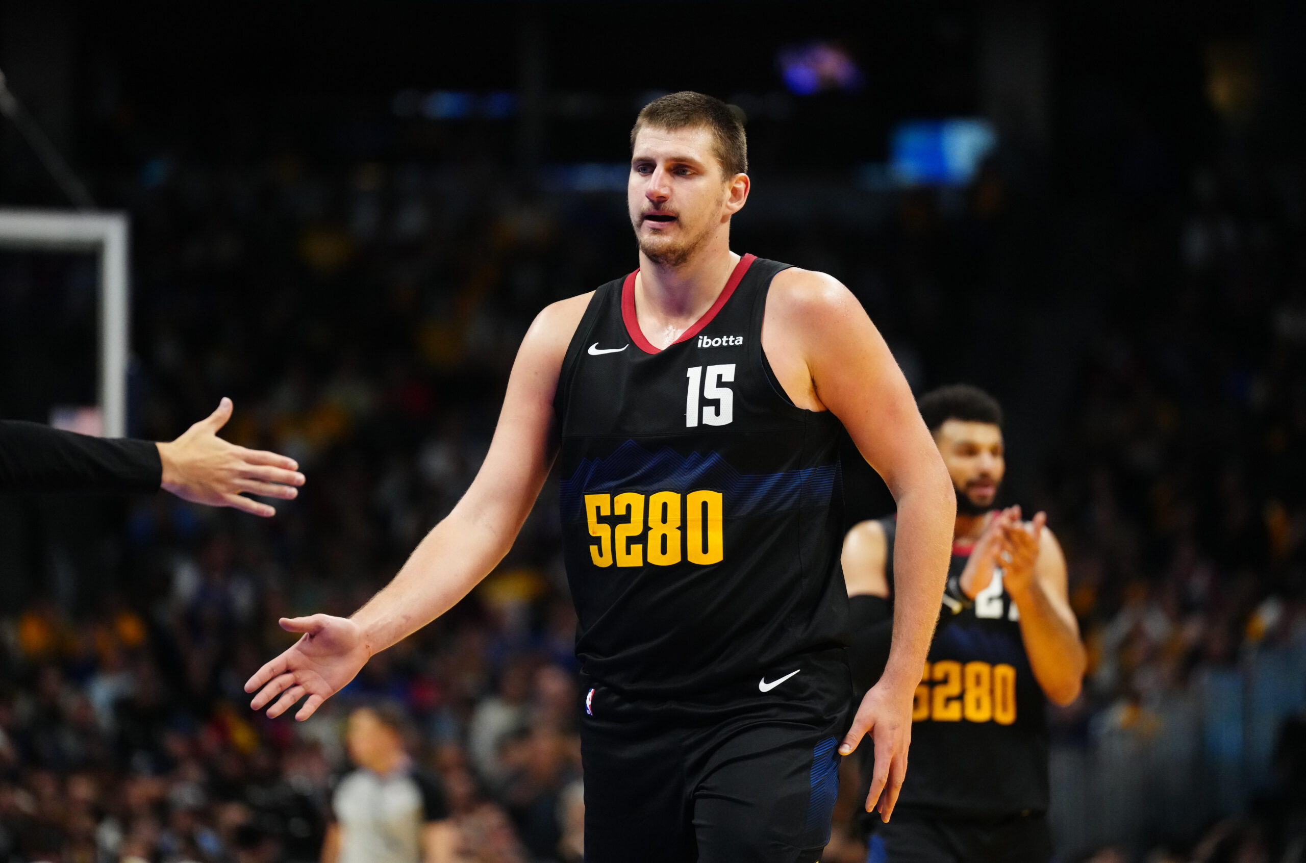 Denver Nuggets center Nikola Jokic (15) leaves the court in the second half against the Dallas Mavericks.