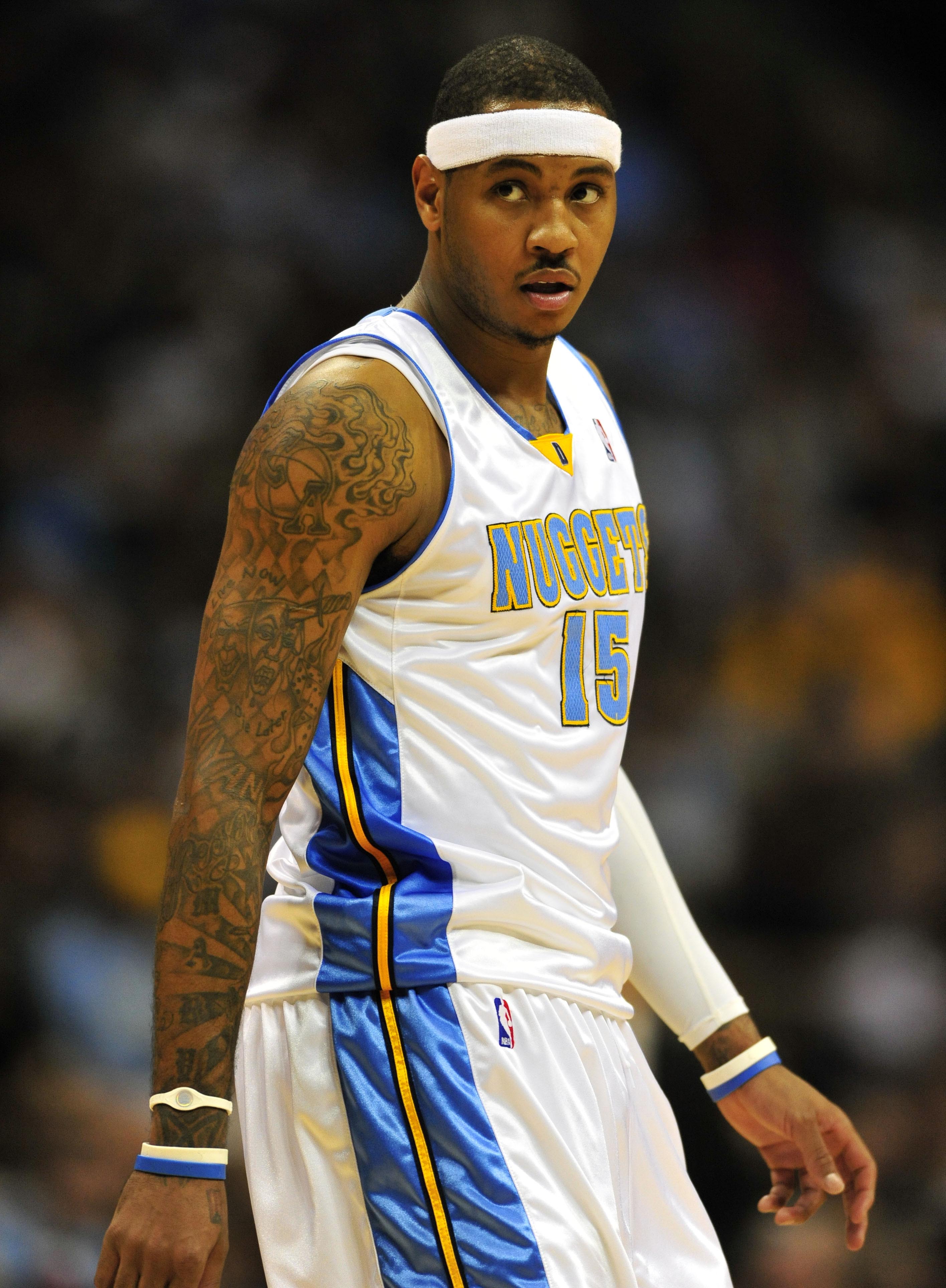 Nov 24, 2009; Denver, CO, USA; Denver Nuggets forward Carmelo Anthony (15) during the fourth period against the New Jersey Nets at the Pepsi Center. The Nuggets defeated the Nets 101-87. Mandatory Credit: Ron Chenoy-Imagn Images  
