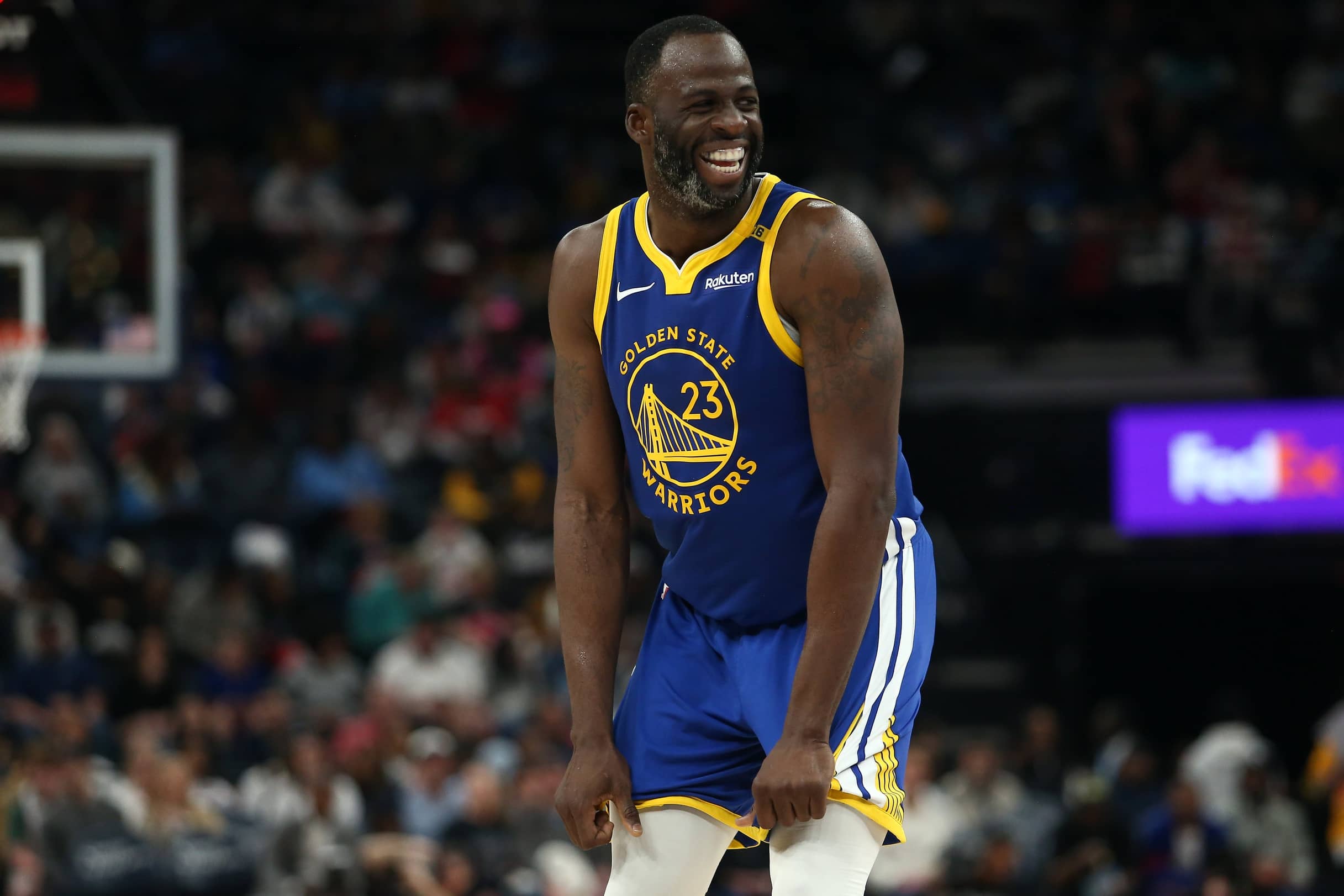 Apr 1, 2025; Memphis, Tennessee, USA; Golden State Warriors forward Draymond Green (23) reacts during the third quarter against the Memphis Grizzlies at FedExForum. Mandatory Credit: Petre Thomas-Imagn Images