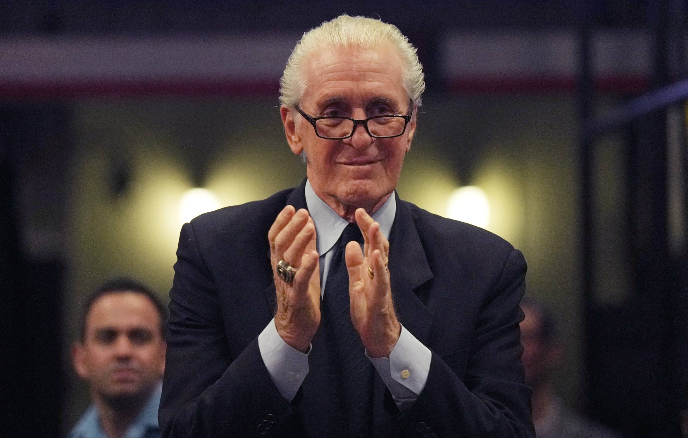 Miami, Florida, USA; Miami Heat president Pat Riley applauds Chris Bosh during a brief ceremony during the game between the Miami Heat and Atlanta Hawks at Miami-Dade Arena. Mandatory Credit: Jim Rassol-Imagn Images