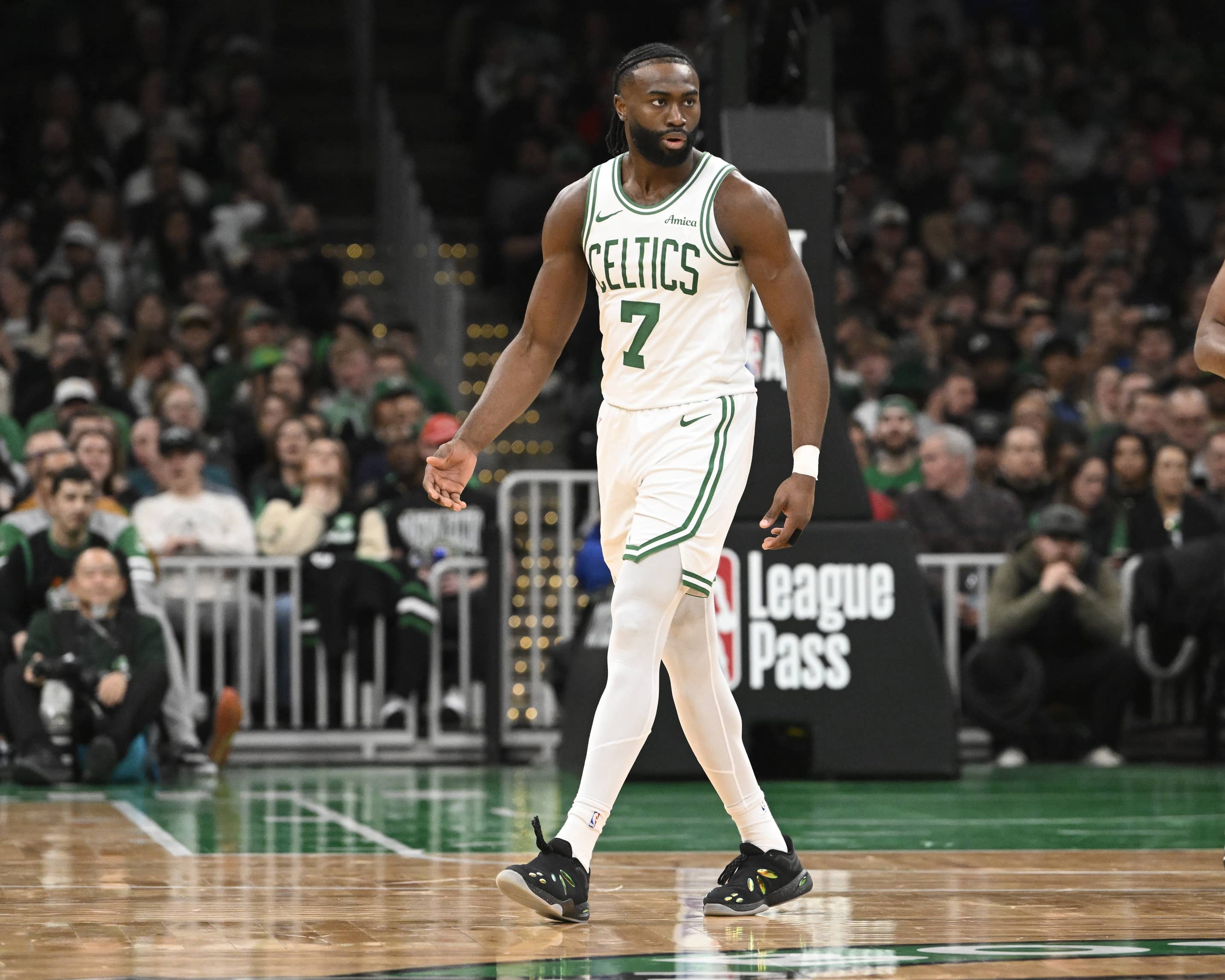 Jan 17, 2025; Boston, Massachusetts, USA; Boston Celtics guard Jaylen Brown (7) walks on the court during the second half against the Orlando Magic at TD Garden. Mandatory Credit: Eric Canha-Imagn Images