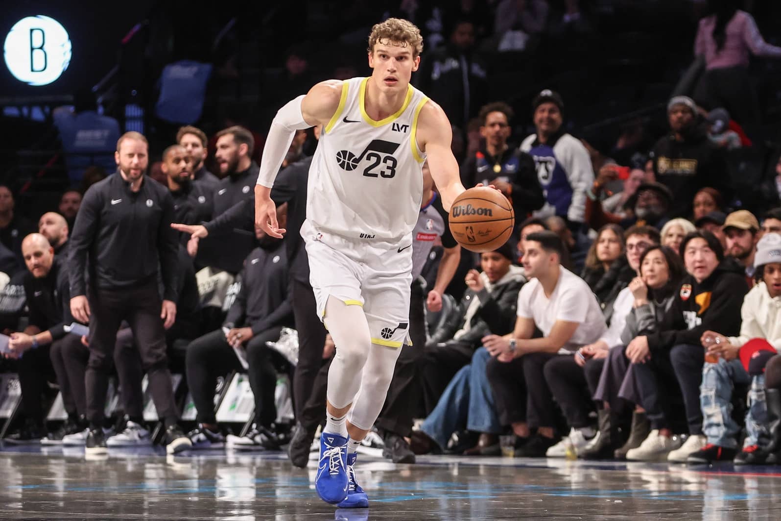 Dec 21, 2024; Brooklyn, New York, USA; Utah Jazz forward Lauri Markkanen (23) at Barclays Center. Mandatory Credit: Wendell Cruz-Imagn Images