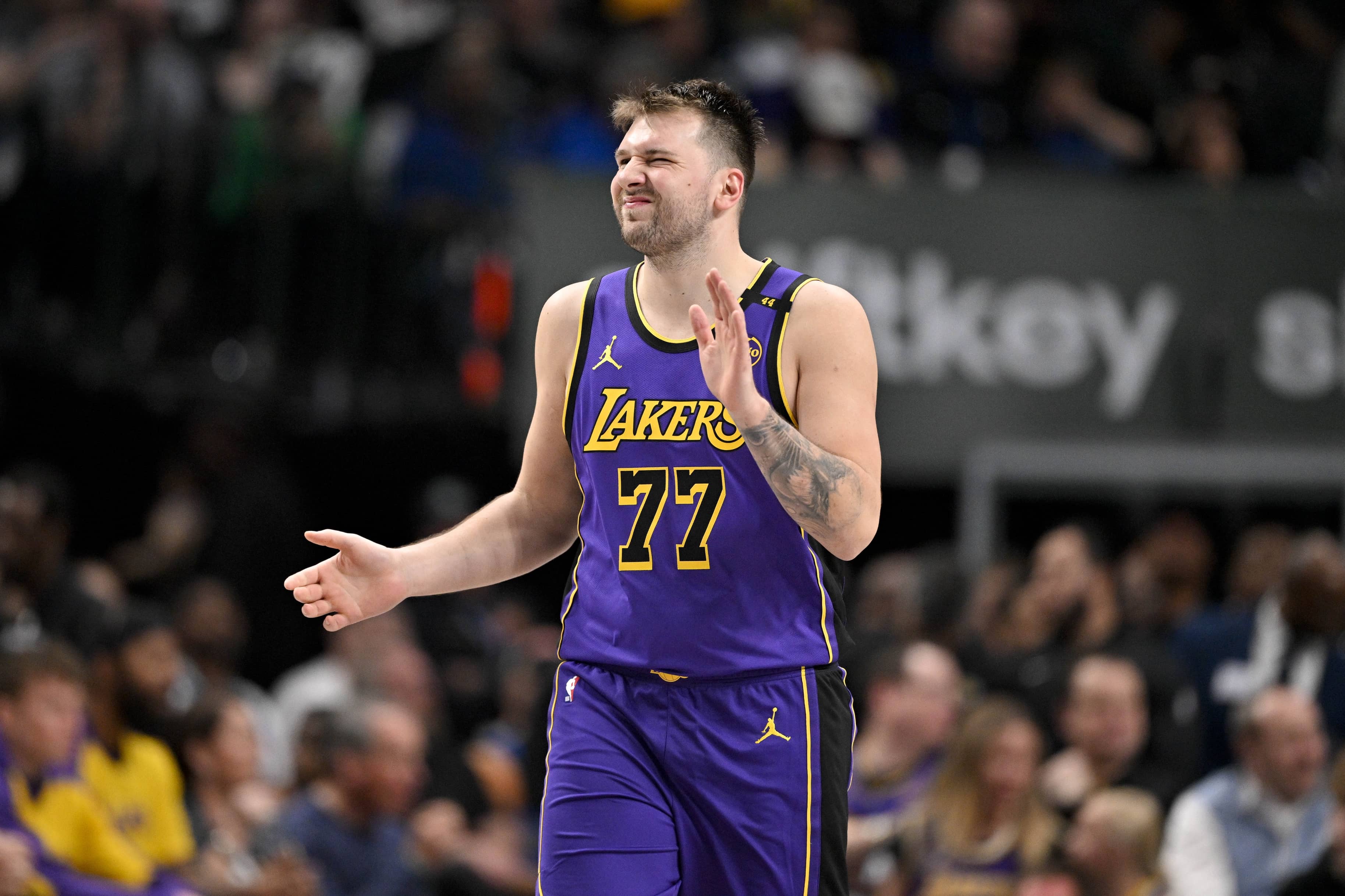 Apr 9, 2025; Dallas, Texas, USA; Los Angeles Lakers guard Luka Doncic (77) reacts to missing a shot against the Dallas Mavericks during the third quarter at the American Airlines Center.