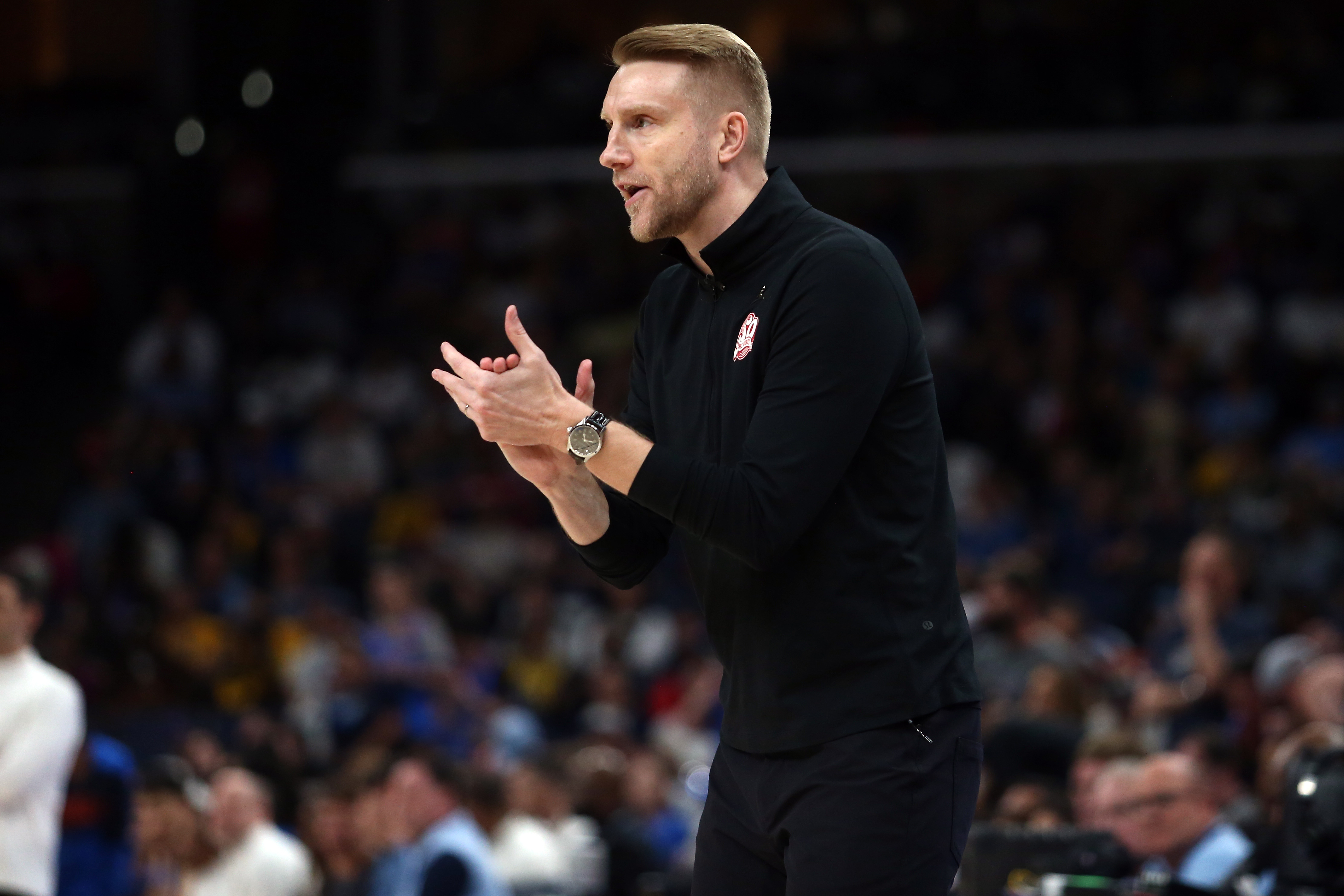 Apr 26, 2025; Memphis, Tennessee, USA; Memphis Grizzlies interim head coach Tuomas Iisalo reacts during the fourth quarter against the Oklahoma City Thunder during game four for the first round of the 2024 NBA Playoffs at FedExForum. Mandatory Credit: Petre Thomas-Imagn Images  