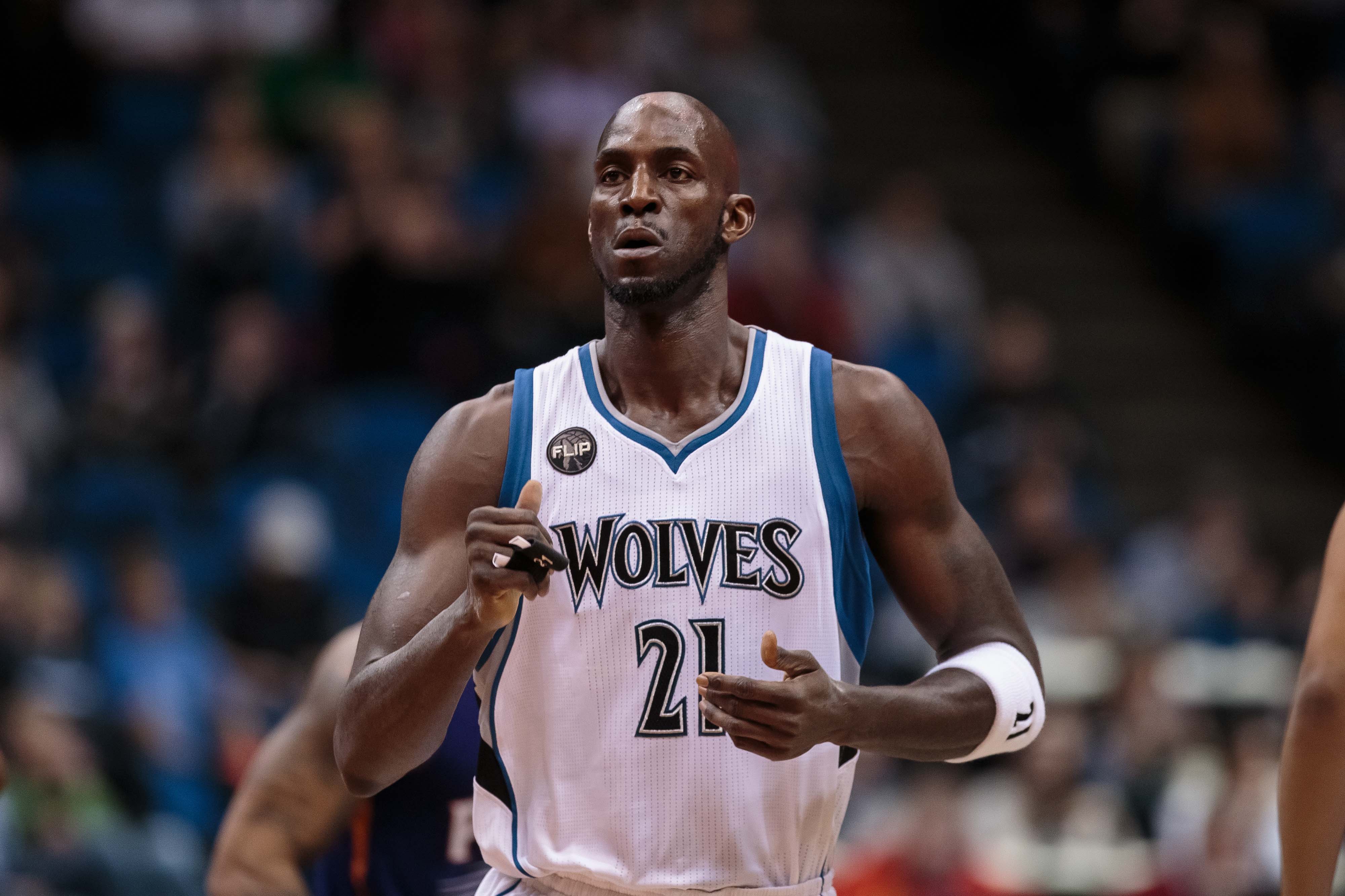 Jan 17, 2016; Minneapolis, MN, USA; Minnesota Timberwolves forward Kevin Garnett (21) before the game against the Phoenix Suns at Target Center. Mandatory Credit: Brad Rempel-Imagn Images  