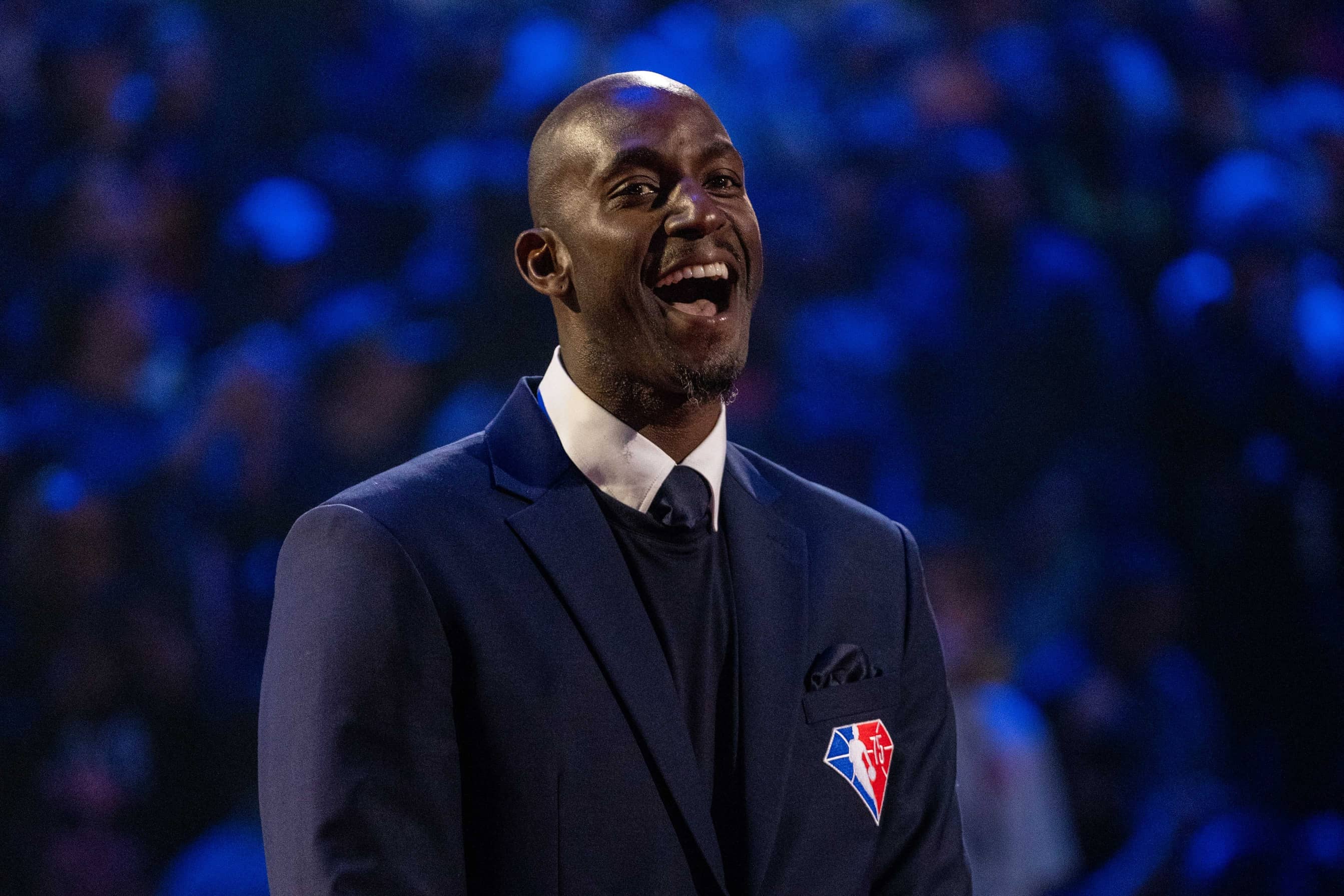 NBA great Kevin Garnett is honored for being selected to the NBA 75th Anniversary Team during halftime in the 2022 NBA All-Star Game at Rocket Mortgage FieldHouse.