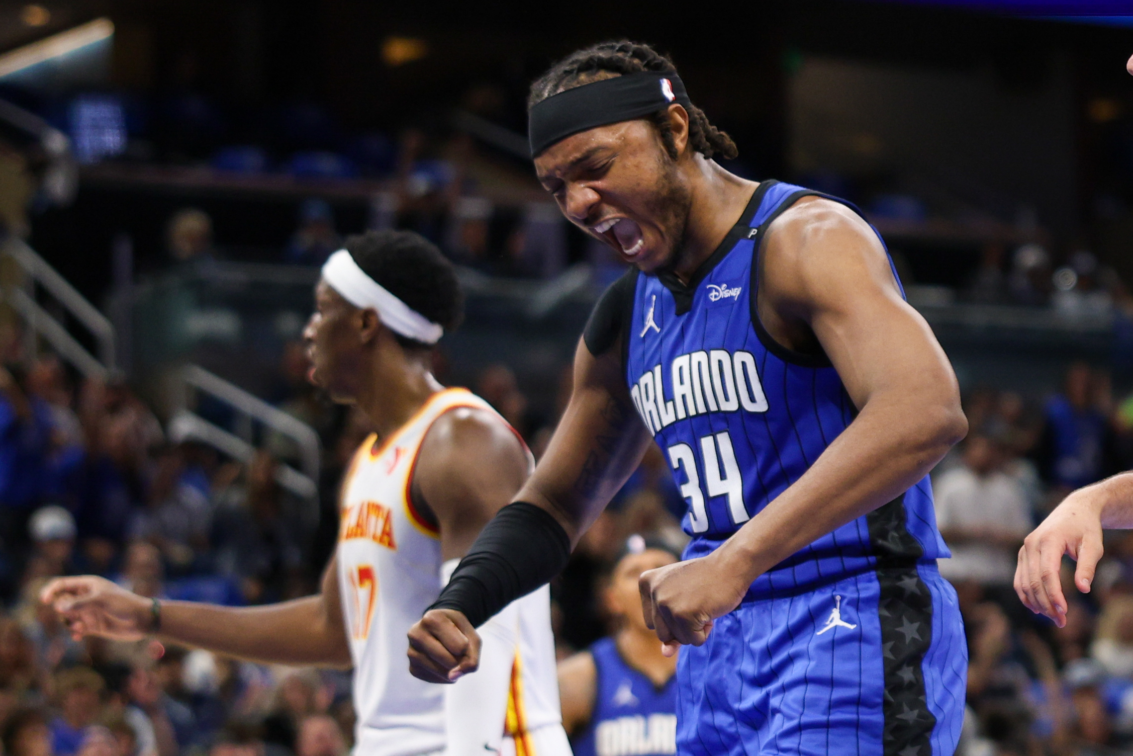 Apr 15, 2025; Orlando, Florida, USA; Orlando Magic center Wendell Carter Jr. (34) reacts after a play against the Atlanta Hawks in the fourth quarter at Kia Center. Mandatory Credit: Nathan Ray Seebeck-Imagn Images  