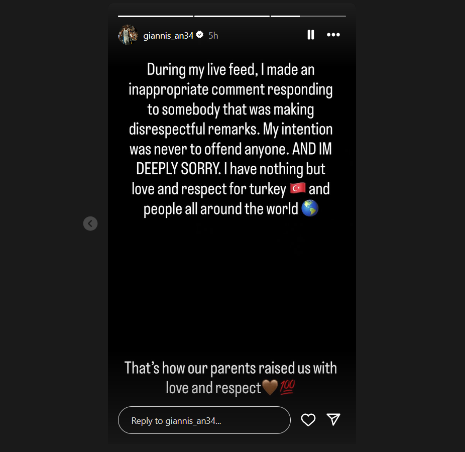 Giannis Anteokounmpo's IG story (@giannis_an34)