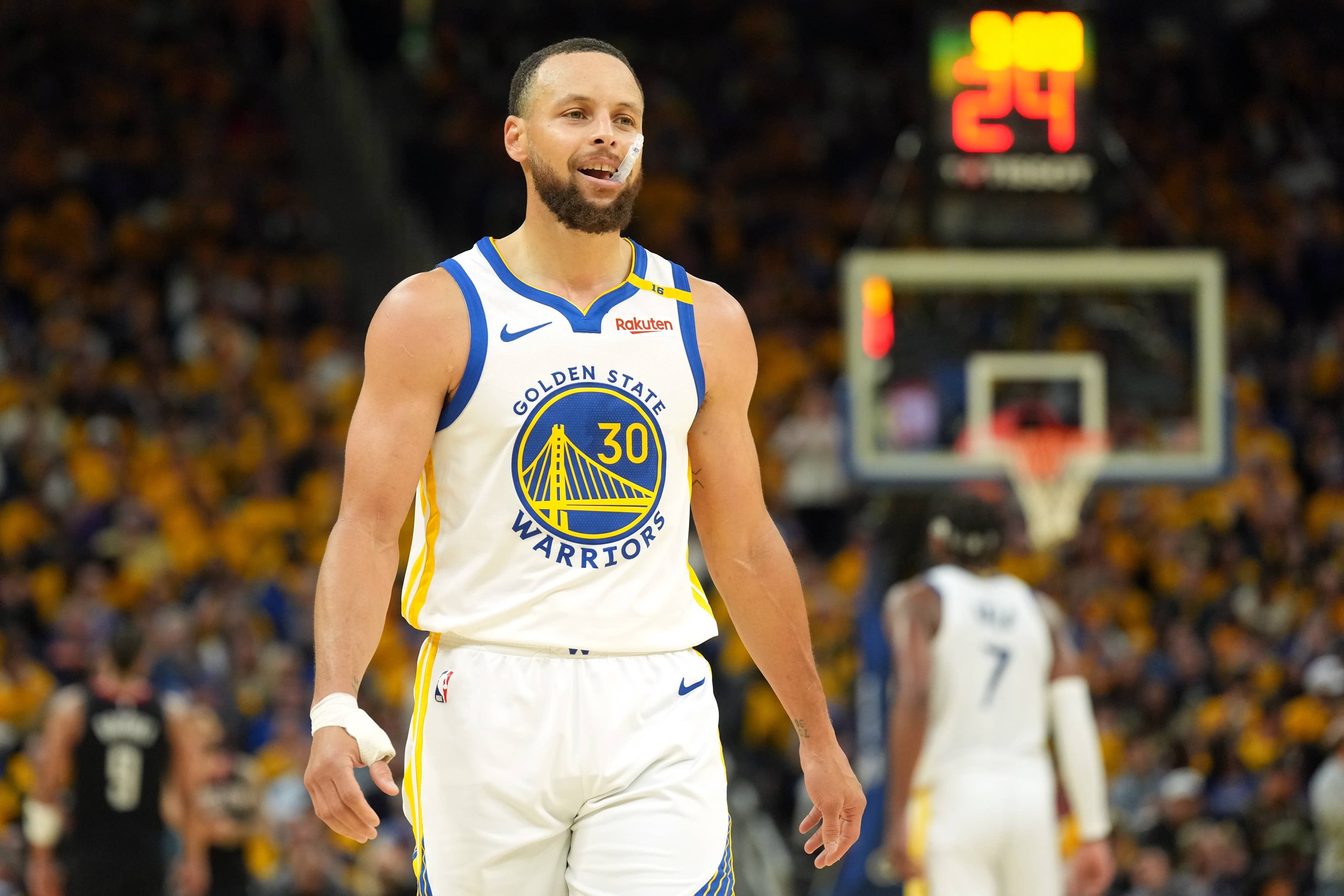 Apr 26, 2025; San Francisco, California, USA; Golden State Warriors guard Stephen Curry (30) during the fourth quarter of game three of first round for the 2024 NBA Playoffs against the Houston Rockets at Chase Center. Mandatory Credit: Darren Yamashita-Imagn Images