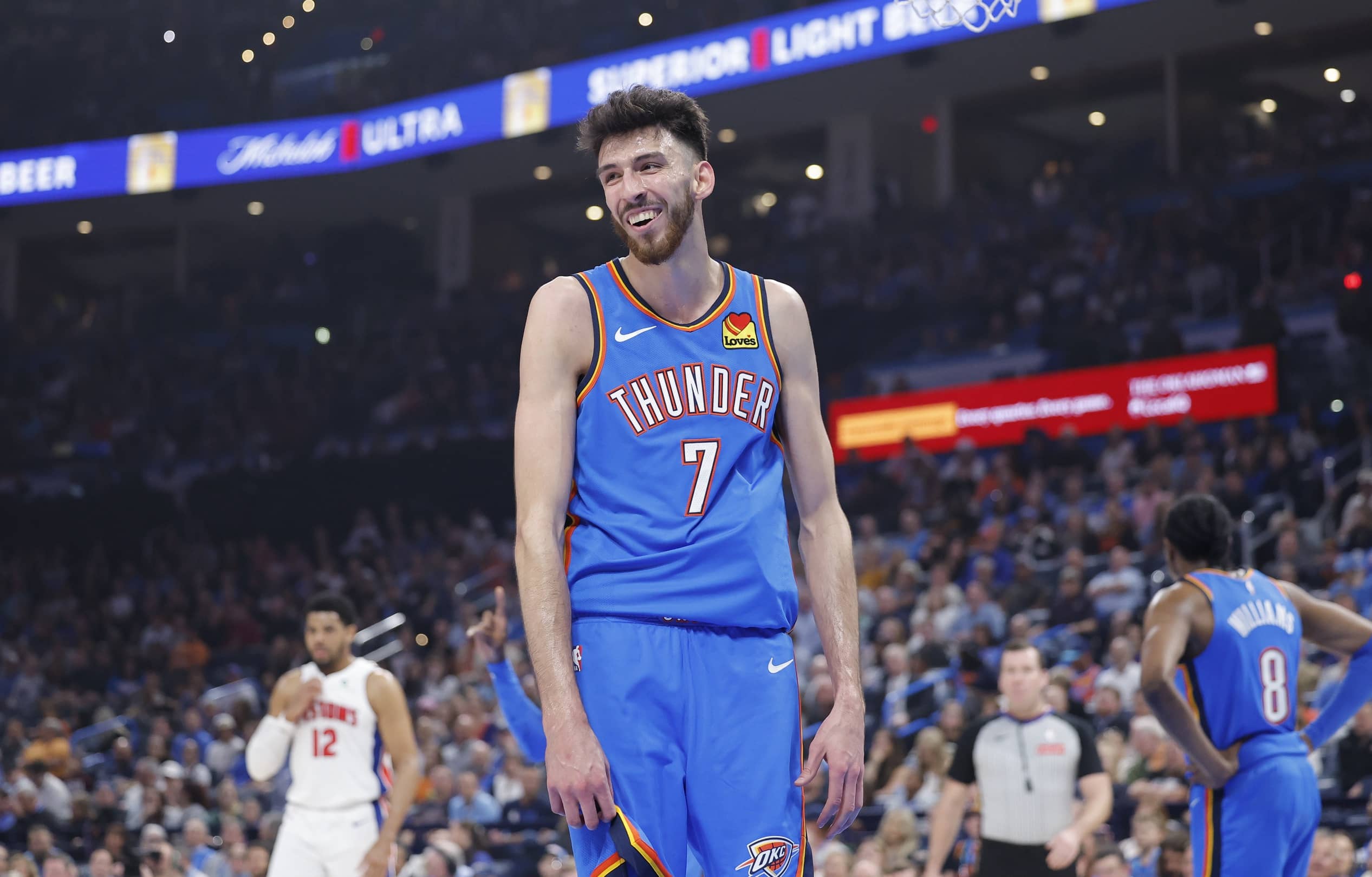 Oklahoma City, Oklahoma, USA; Oklahoma City Thunder forward Chet Holmgren (7) reacts after a call against him on a play against the Detroit Pistons during the first quarter at Paycom Center. Mandatory Credit: Alonzo Adams-Imagn Images