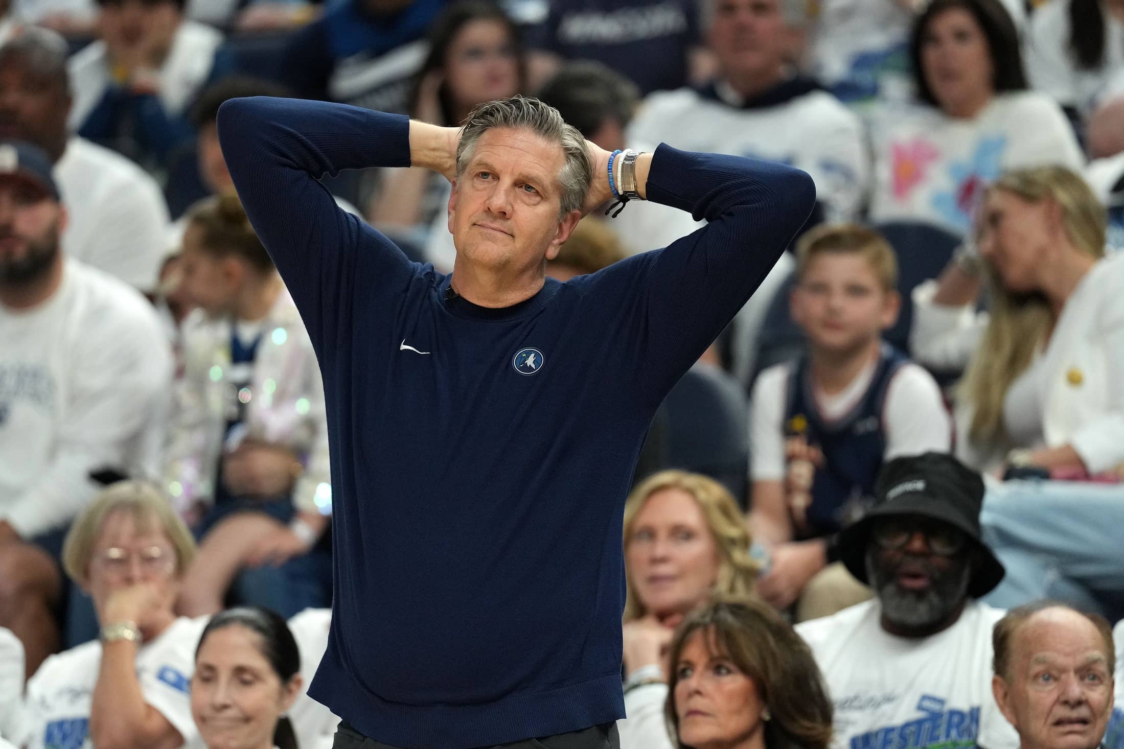 Minnesota Timberwolves head coach Chris Finch reacts against the Oklahoma City Thunder in the first half during game four of the western conference finals for the 2025 NBA Playoffs at Target Center.