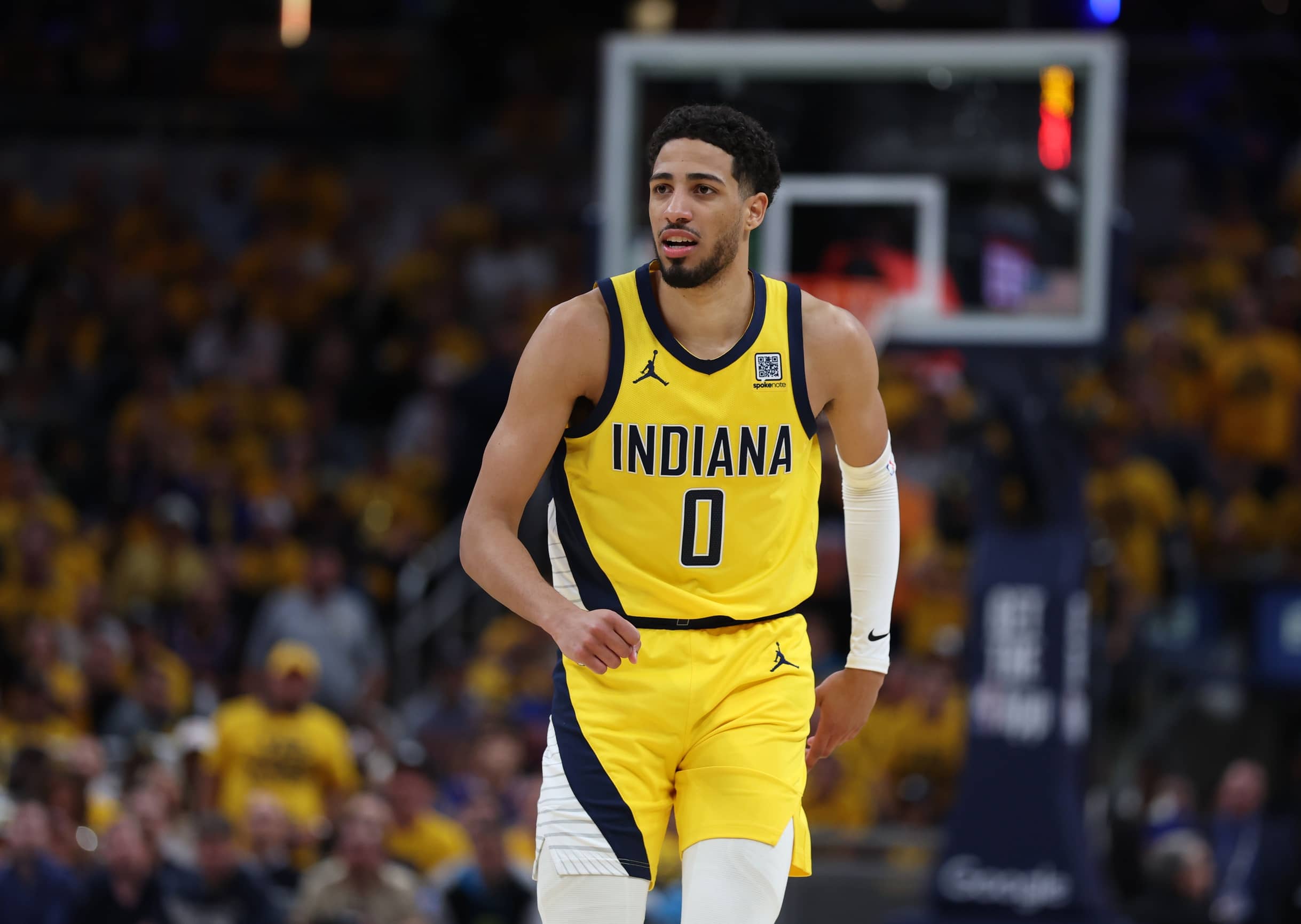 May 27, 2025; Indianapolis, Indiana, USA; Indiana Pacers guard Tyrese Haliburton (0) reacts after shooting a three point basket during the second quarter against the New York Knicks of game four of the eastern conference finals for the 2025 NBA Playoffs at Gainbridge Fieldhouse. Mandatory Credit: Trevor Ruszkowski-Imagn Images