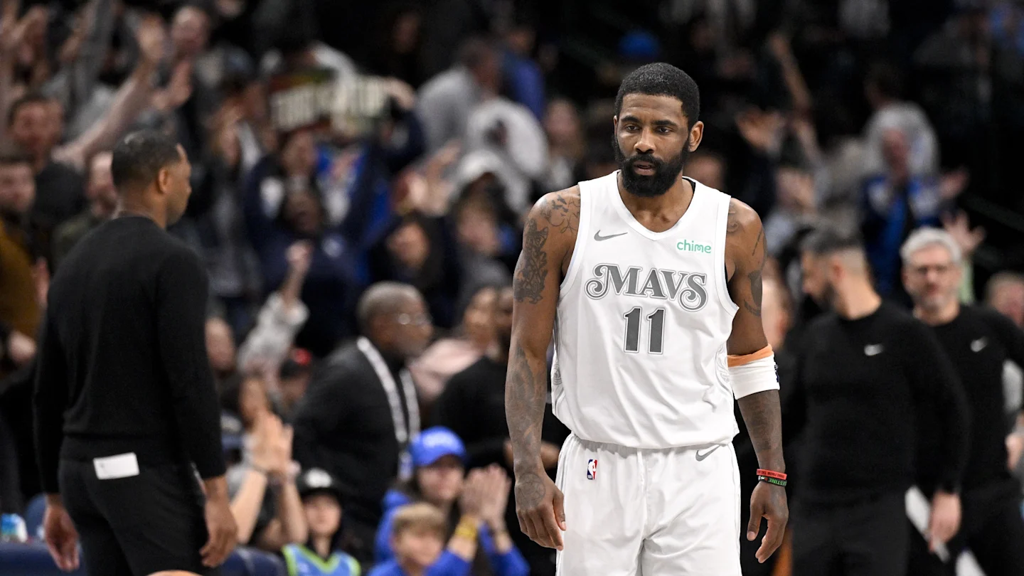 Feb 21, 2025; Dallas, Texas, USA; Dallas Mavericks guard Kyrie Irving (11) looks on after he makes a three point shot against the New Orleans Pelicans during the second half at the American Airlines Center. Mandatory Credit: Jerome Miron-Imagn Images