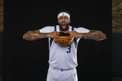 Anthony Davis poses for a photo during the Mavericks 2025 media day at the American Airlines Center