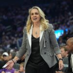 Aces head coach Becky Hammon yells during the first quarter against the Golden State Valkyries at Chase Center