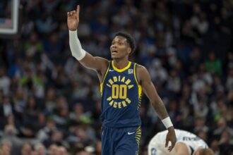 Pacers guard Bennedict Mathurin reacts to a foul called against the Timberwolves in the first half at Target Center