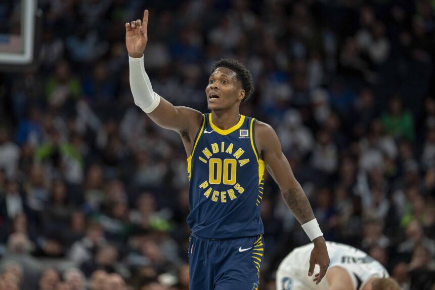 Pacers guard Bennedict Mathurin reacts to a foul called against the Timberwolves in the first half at Target Center