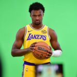 Lakers guard Bronny James poses for photos during media day at UCLA Health Training Center