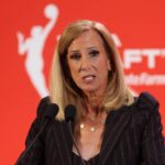 Cathy Engelbert talks to the media before the 2025 WNBA Draft at The Shed at Hudson Yards.