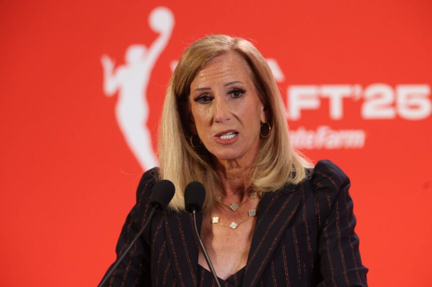 Cathy Engelbert talks to the media before the 2025 WNBA Draft at The Shed at Hudson Yards.