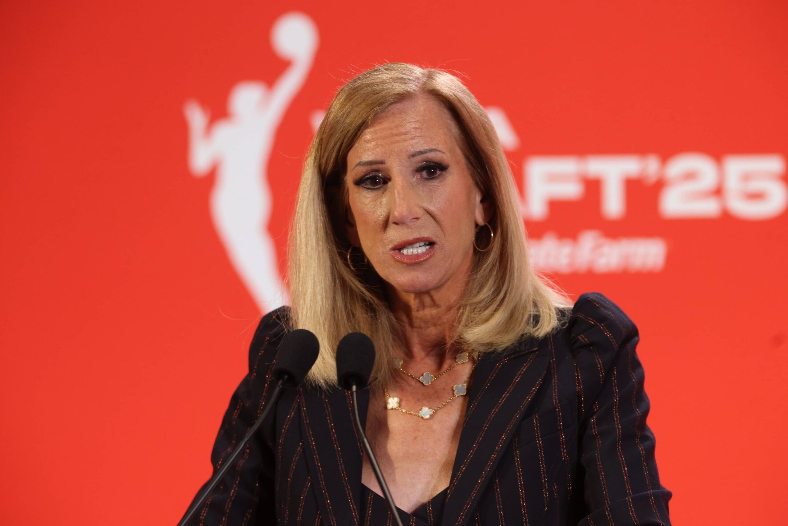 Cathy Engelbert talks to the media before the 2025 WNBA Draft at The Shed at Hudson Yards.