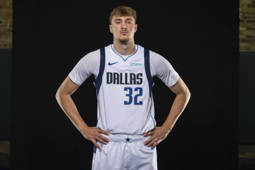 Mavericks forward Cooper Flagg poses for a photo during the Mavericks 2025 media day at the American Airlines Center